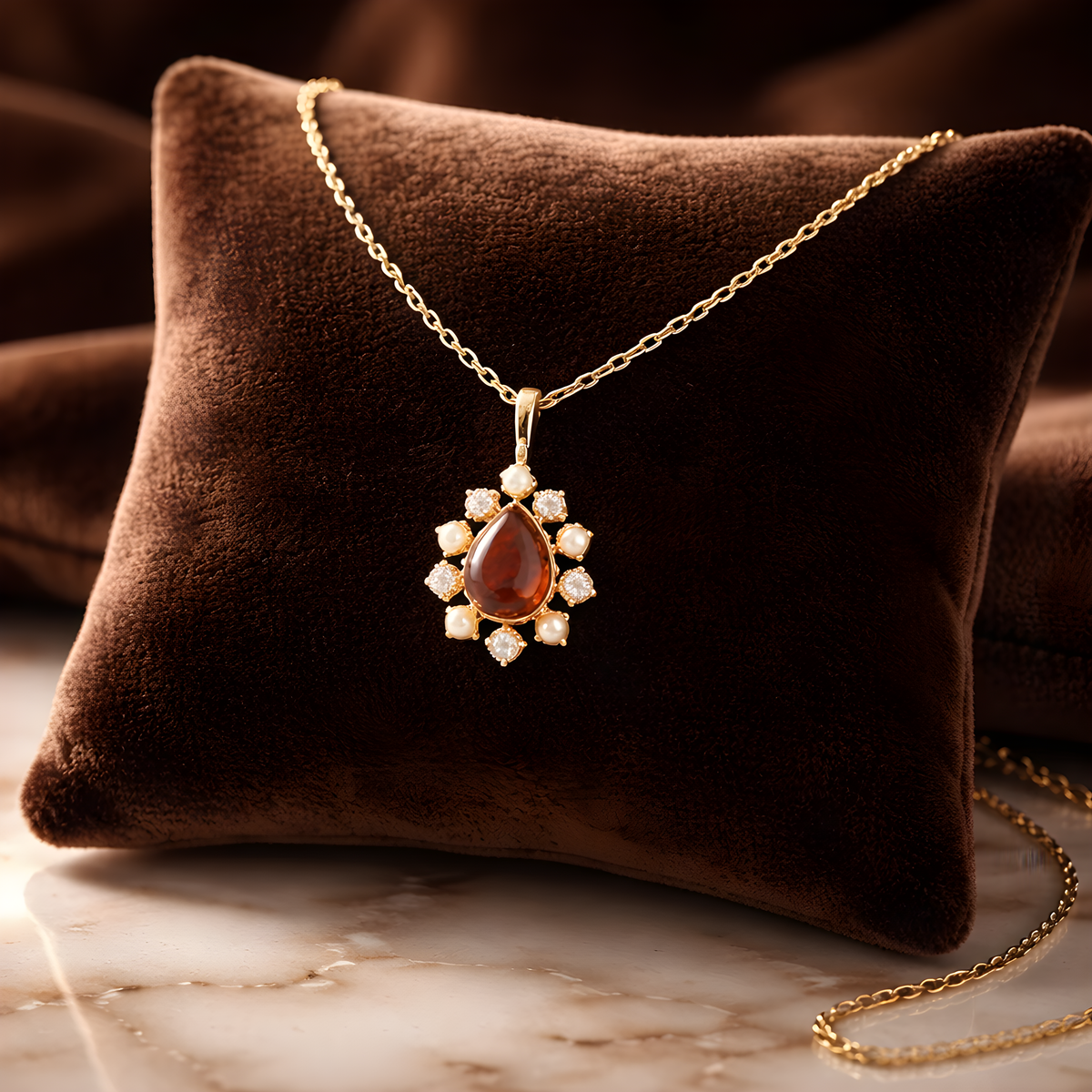 Gold necklace with a red gemstone pendant on a brown cushion