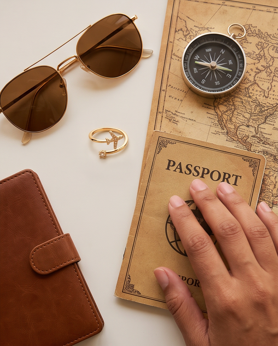 A styled flat-lay featuring a vintage-style passport with a hand resting on it, accompanied by gold-framed sunglasses, a gold ring, a brown leather wallet, and a compass on an antique map.