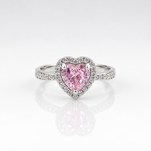 A premium S925 sterling silver ring with a pink heart, perfect for an engagement ring, promise ring and proposal ring.