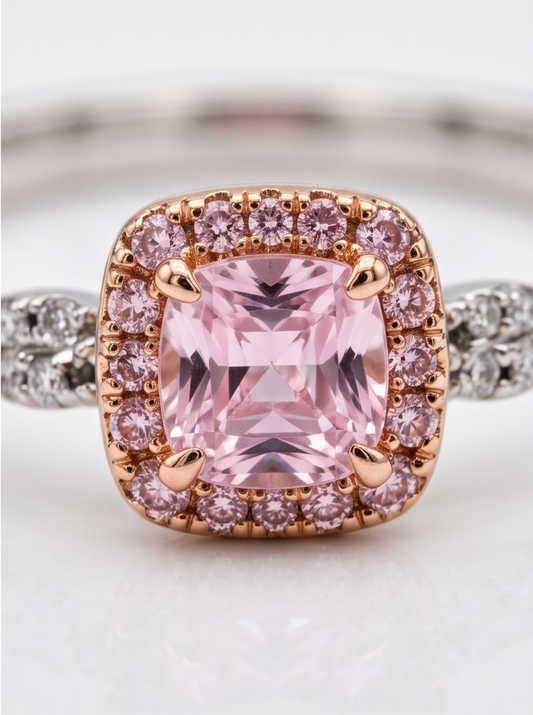 Silver and Rose Gold ring with pink stones for women.