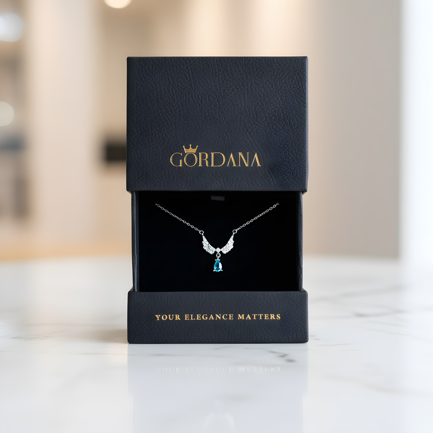 An elegant S925 sterling silver necklace with an angel wing design pendant and opal stone for woman.