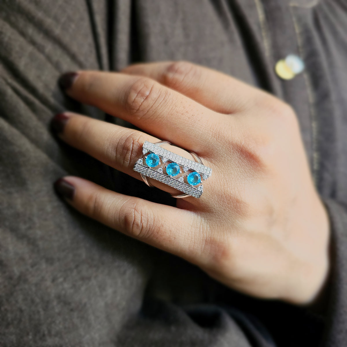 Triple Blue Gem Ring – S925 Sterling Silver