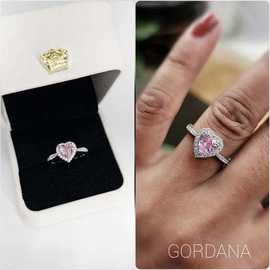 Sterling silver 925 pink heart cubic zirconia ring with white zirconia halo, worn on hand, bridal romantic style, promise ring