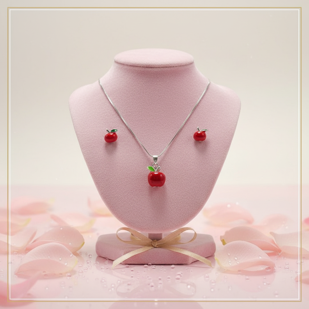 Jewelry set with red apple-themed pendant and earrings on a pink stand with a bow, surrounded by pink petals -Silver Jewelry set in Mauritius
