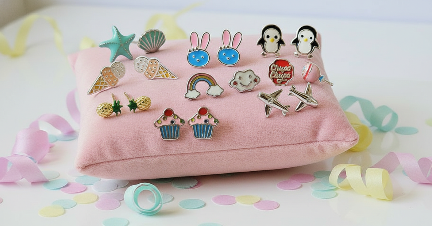 Collection of colorful earrings on a pink pillow with decorative ribbons and confetti Silver studs - Kids Jewelry in Mauritius