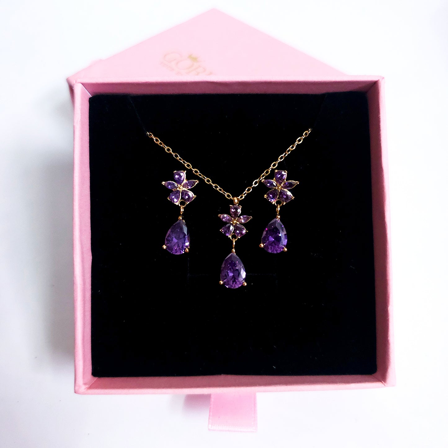 Purple Crystal Necklace & Earrings | Gold Stainless Steel Set