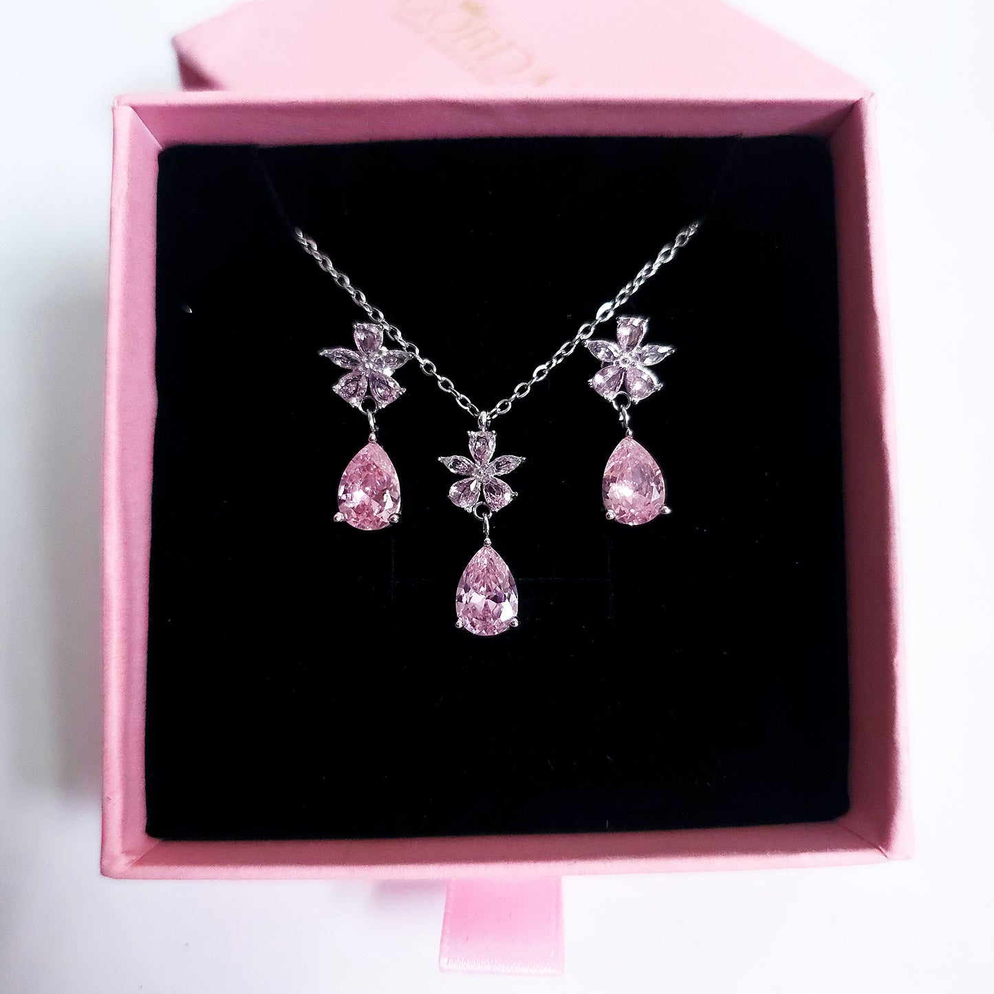 Pink Crystal Necklace & Earrings | Silver Stainless Steel Set