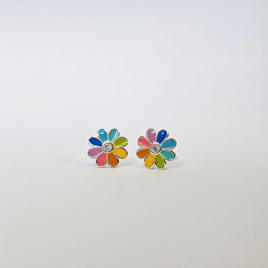 Silver stud earrings shaped like colorful daisy flowers with multicolor petals.