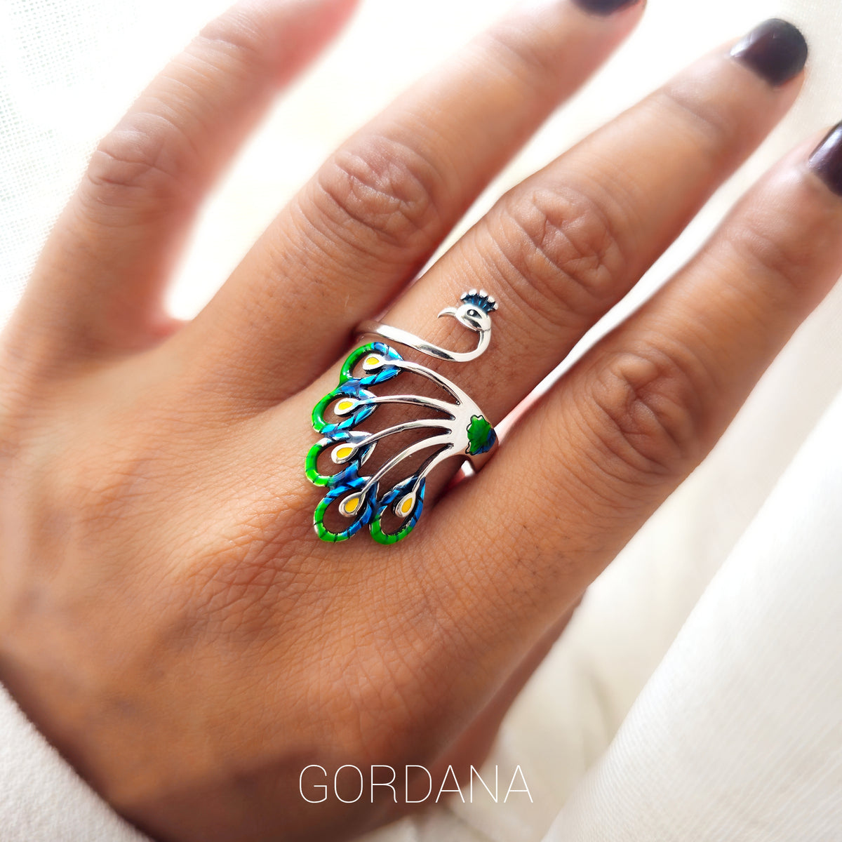 Elegant and adjustable S925 sterling silver ring with peacock feather design for woman, colourful peacock feather jewellery, hypoallergenic silver ring