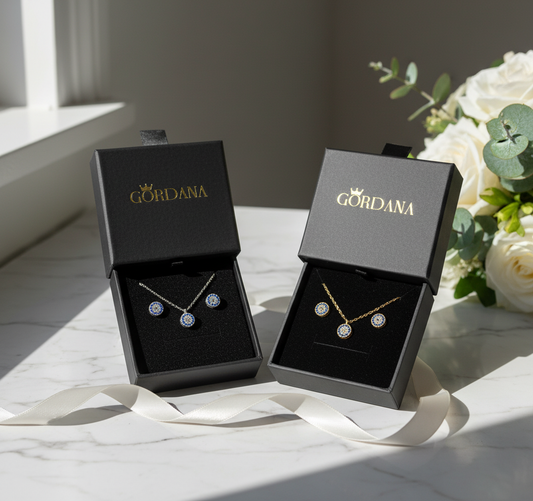 S925 sterling silver and 18K gold plated evil eye necklace and earrings set in black gift boxes
