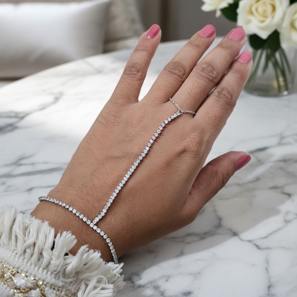 Silver CZ Stainless Steel Hand Chain Bracelet for Women