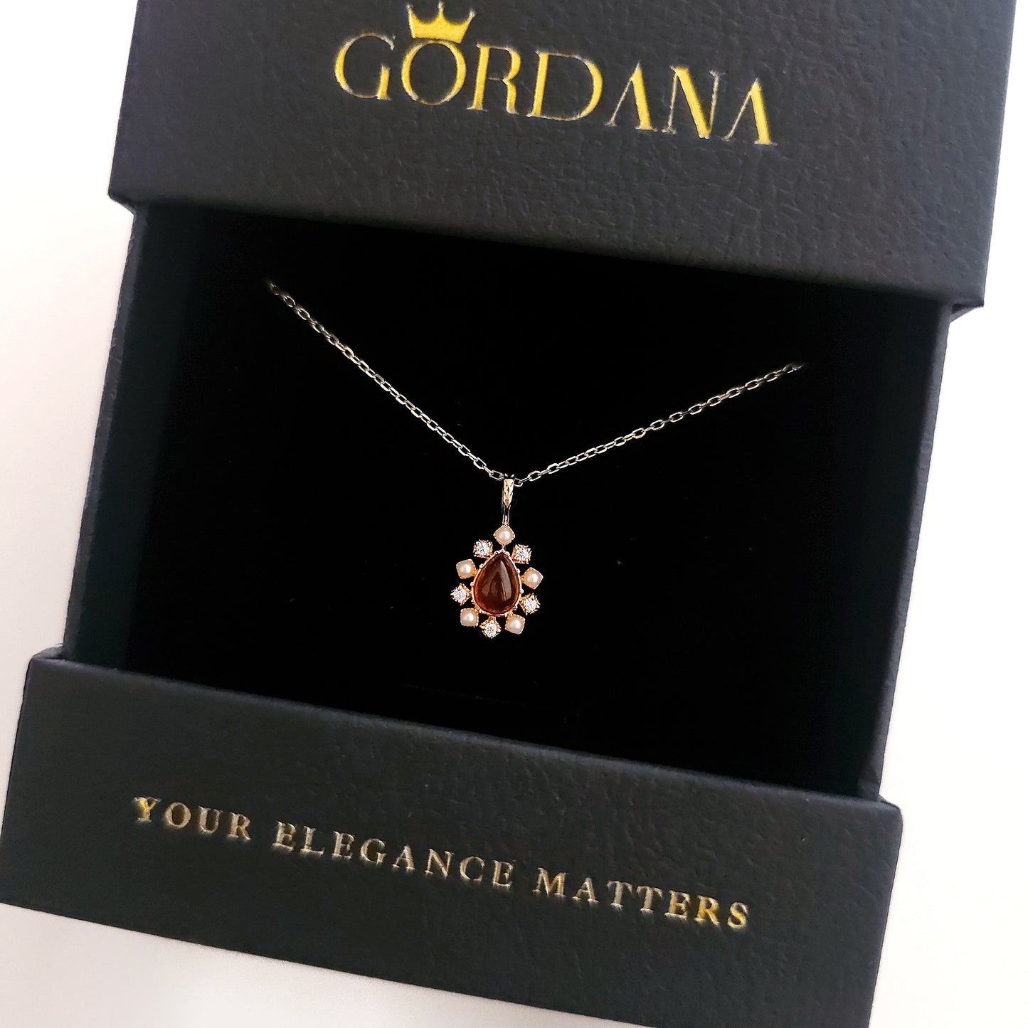 Amber Elegance Pendant Necklace – Gold Plated S925 Sterling Silver with Pearls and Zirconia