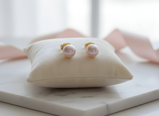 Pink Pearl earrings on a white cushion with a blurred background