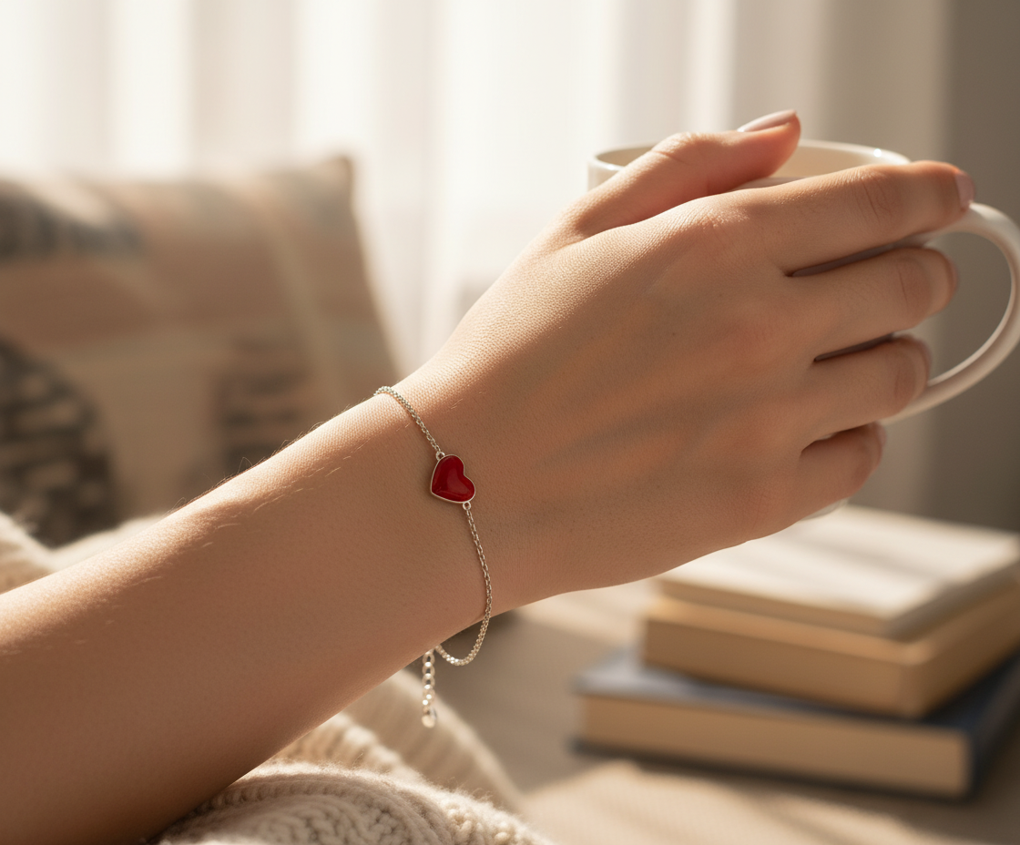 Sterling silver 925 red enamel heart bracelet, romantic, Valentine's Day, everyday wear, minimalist silver bracelet