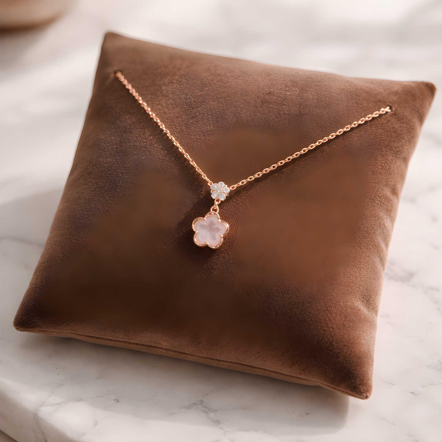 Rose Gold Plated S925 Silver Necklace – Natural Stone Rose Quartz Flower
