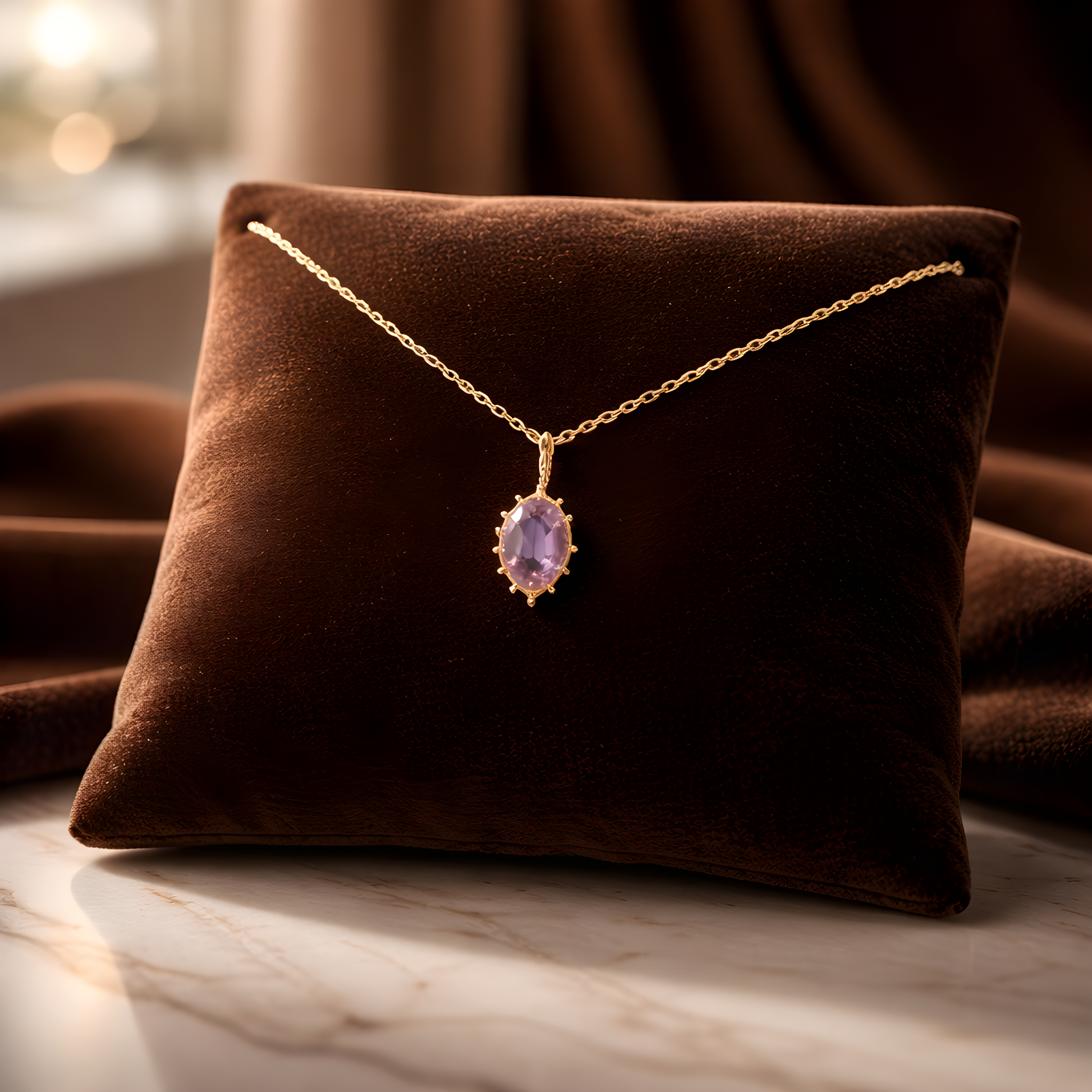 Gold necklace with a purple pendant on a brown cushion