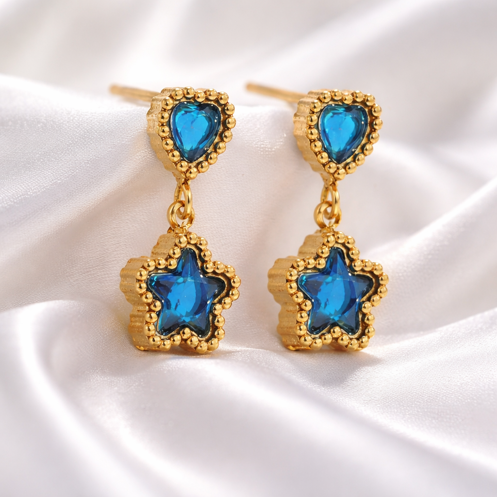 Anti tarnishing gold plated stainless steel earrings with blue stones for women. 