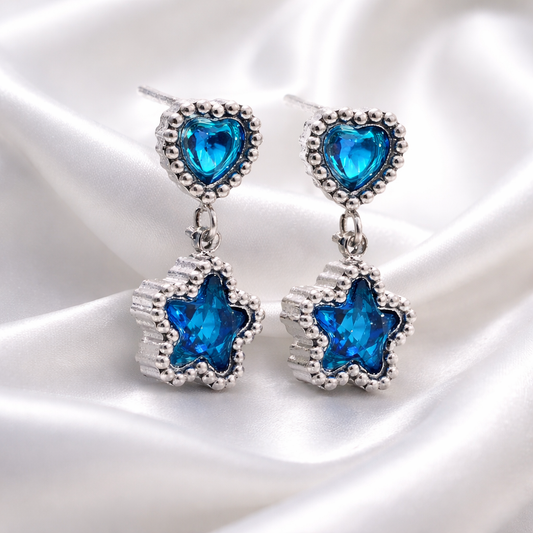 Pair of luxurious silver plated stainless steel earrings with blue heart and star - shaped gemstones for women