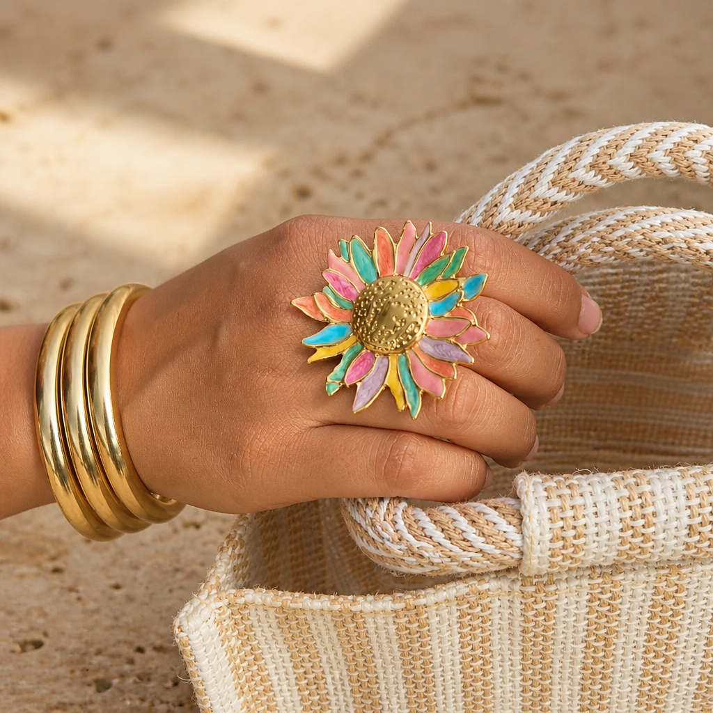 Adjustable Sunflower Ring for Women – Stainless Steel Statement Ring