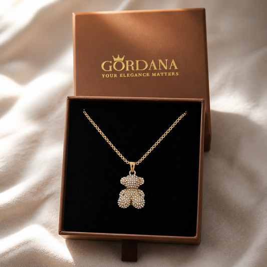 Cute teddy bear pendant necklace in gold-plated stainless steel with box chain 