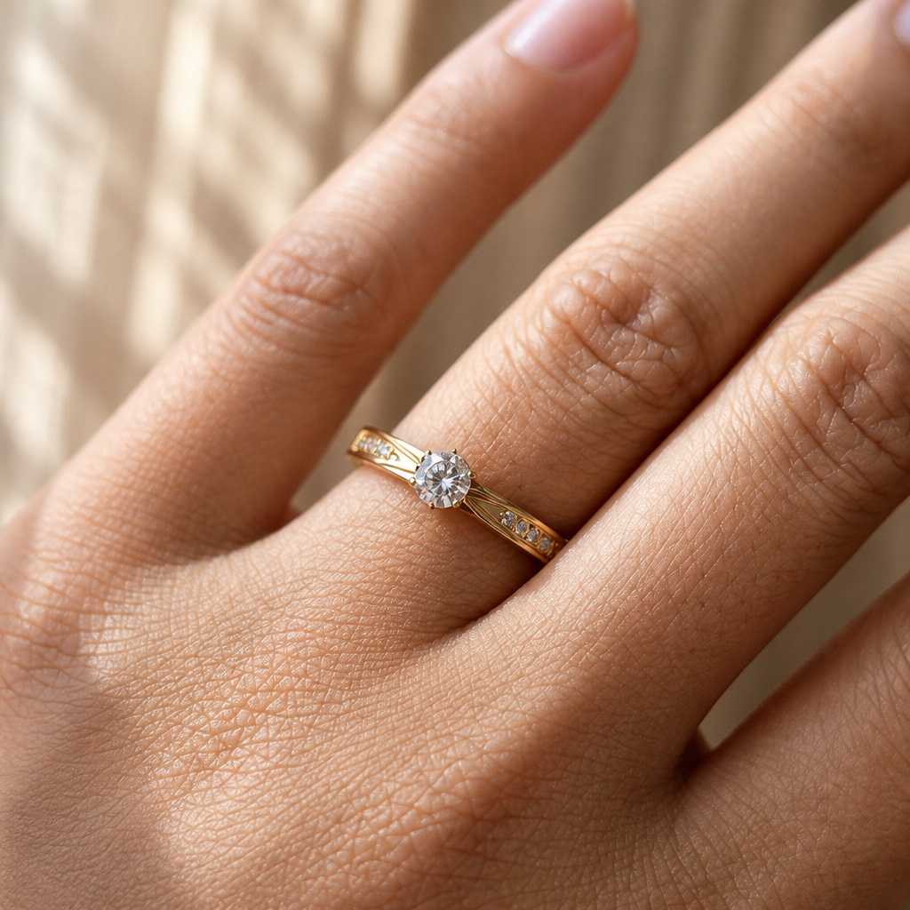 Premium Gold Stainless Steel Engagement Ring with Cubic Zirconia