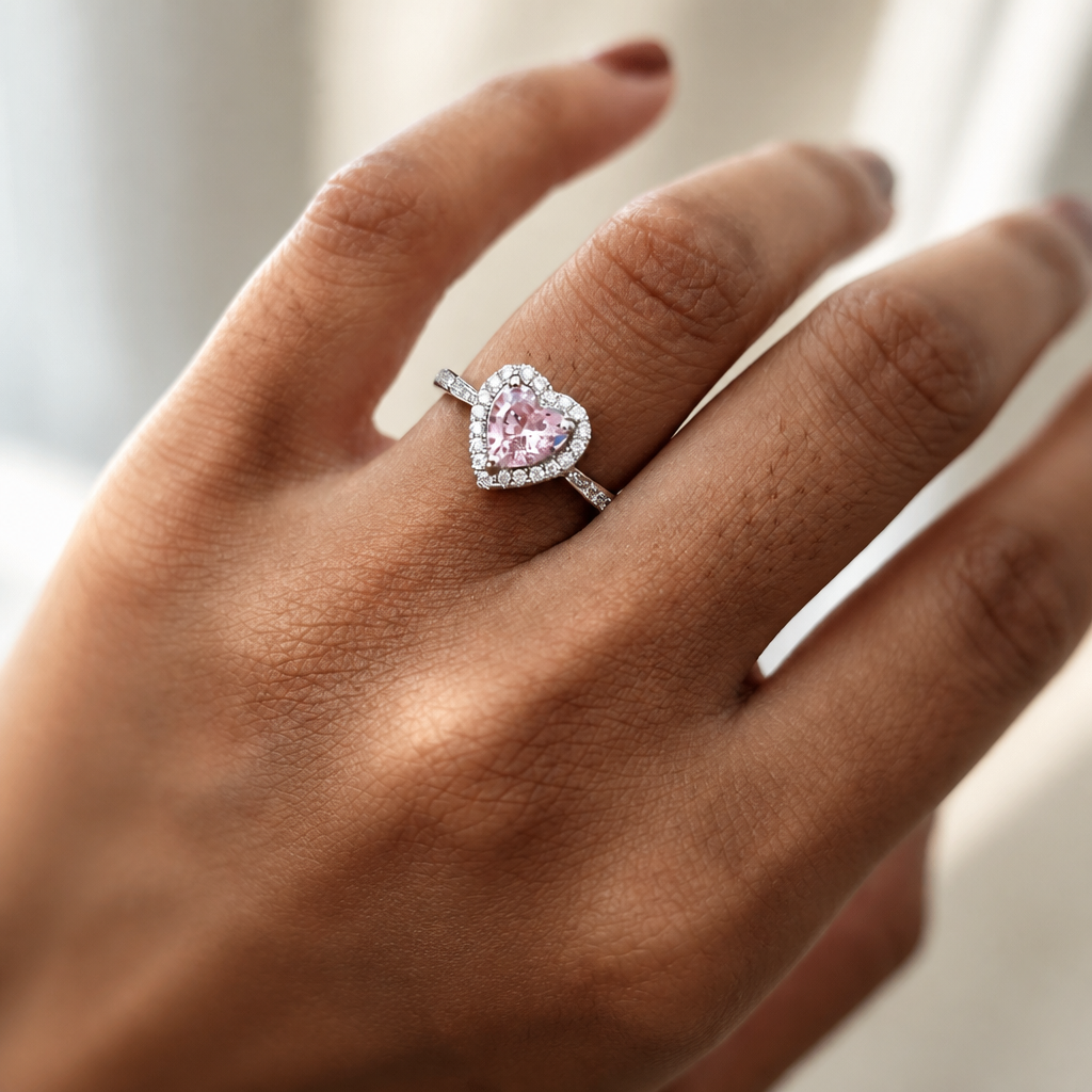 Sterling silver 925 pink heart cubic zirconia ring with white zirconia halo, worn on hand, bridal romantic style, promise ring