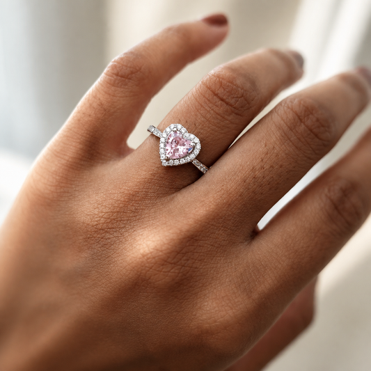 Sterling silver 925 pink heart cubic zirconia ring with white zirconia halo, worn on hand, bridal romantic style, promise ring
