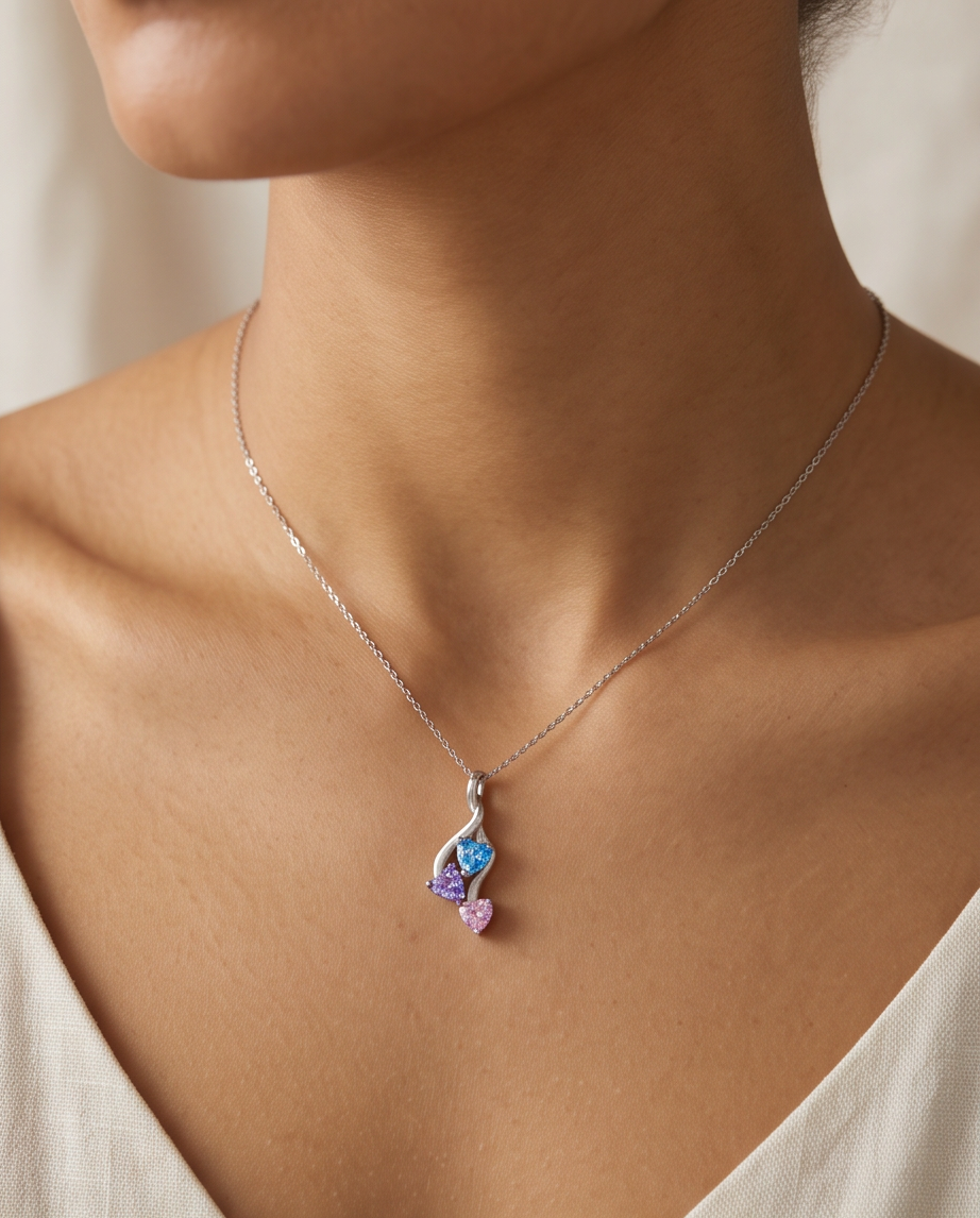 Sterling Silver Triple Heart Pendant Necklace – Blue, Purple & Pink Gemstones