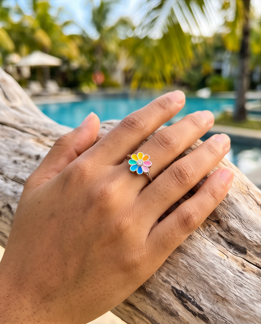 Rainbow Daisy Ring – Adjustable S925 Sterling Silver