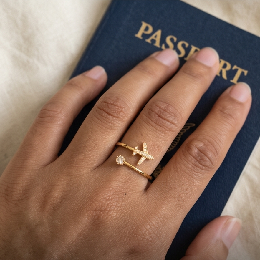 A close-up of a hand wearing an adjustable  gold ring over a navy blue passport. The ring features a small airplane charm and a solitaire stone. 