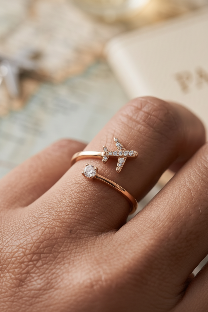 A close-up of a person's hand wearing a gold plated adjustable silver ring featuring  a small airplane with tiny clear stones. The background is softly blurred with warm neutral tones.