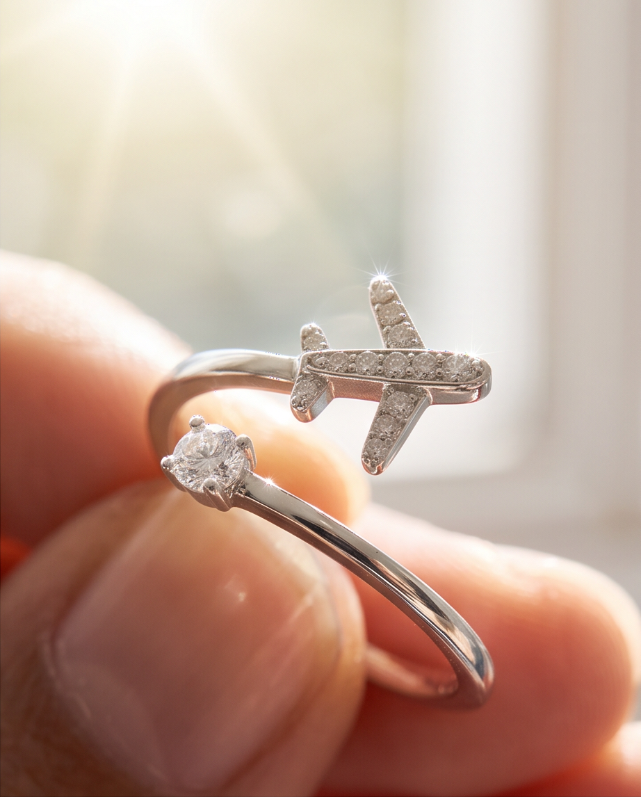 A close-up lifestyle shot of a hand holding an adjustable sterling silver ring featuring an  airplane charm designed paved with clear stones for woman. 