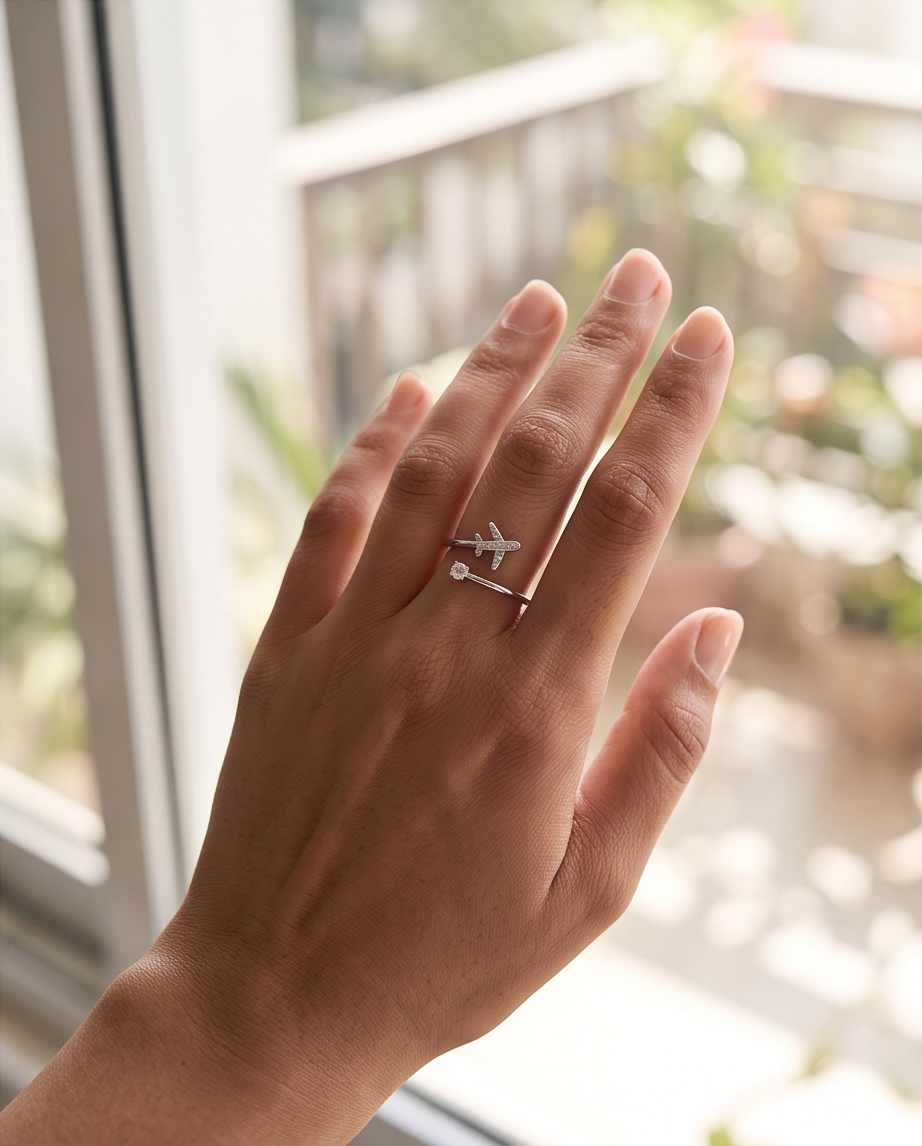 A silver ring with a small airplane charm and a dangling bead, worn on a person's ring finger, photographed in soft natural light near a window.