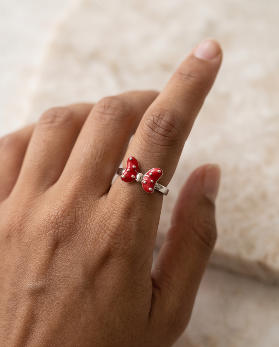 S925 Sterling Silver Red Bow Ring