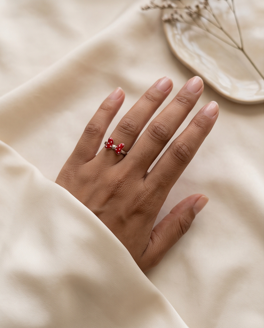 S925 Sterling Silver Red Bow Ring