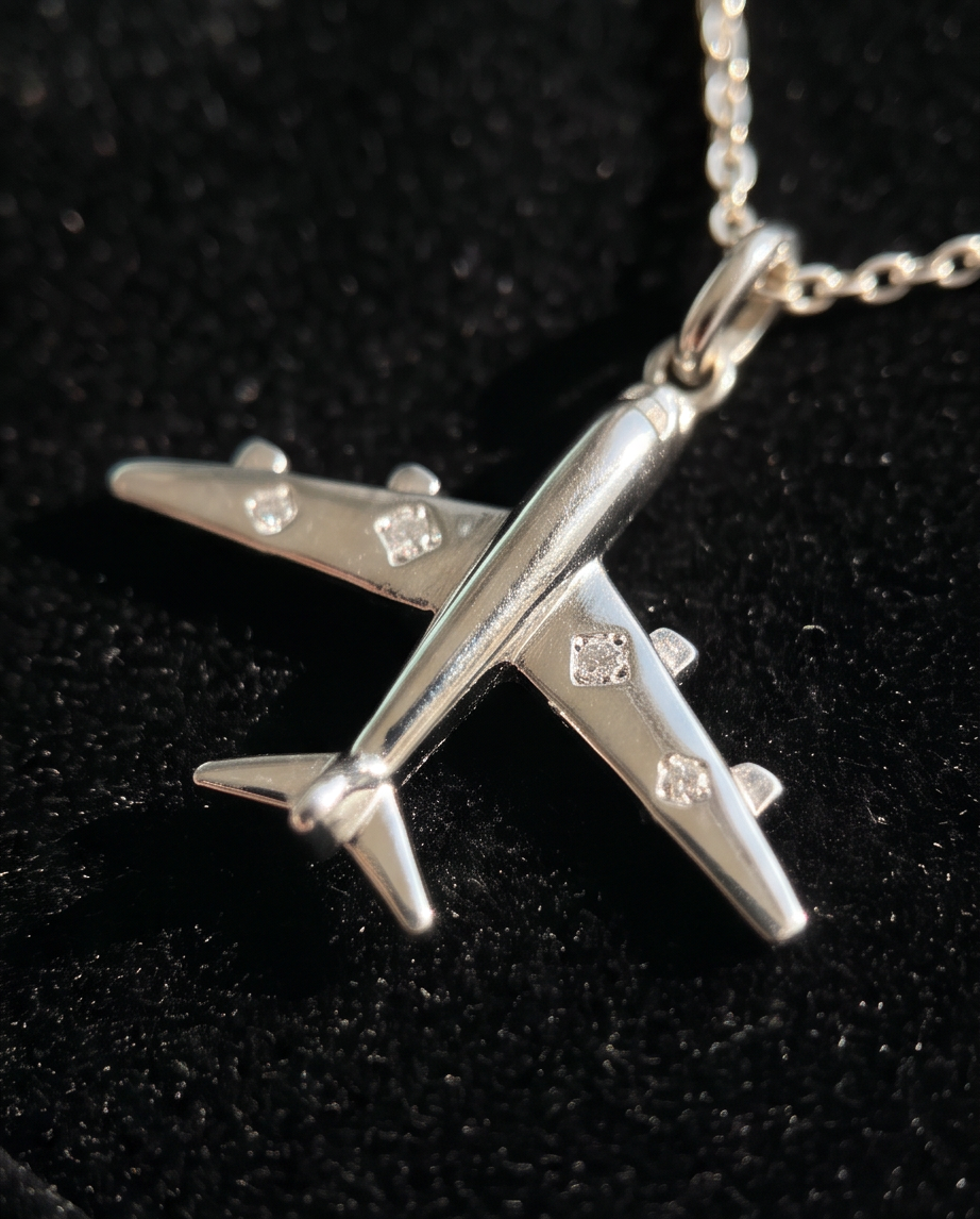 A silver airplane pendant necklace with small clear gemstone accents on the wings and fuselage, shown on a black textured background.