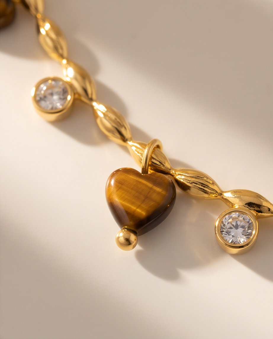 Gold Necklace with Natural Tiger Eye Heart pendants – Stainless Steel with Zirconia Accents