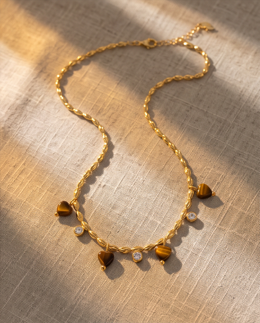 Gold Necklace with Natural Tiger Eye Heart pendants – Stainless Steel with Zirconia Accents
