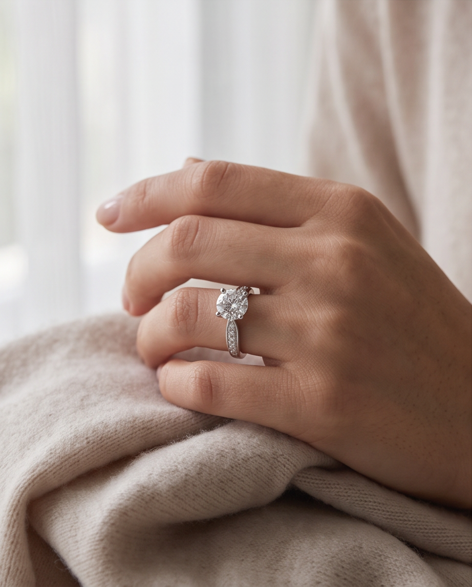 A close-up of a hand wearing a silver-toned engagement ring with a round-cut center stone and a pavé band, resting on soft beige fabric.