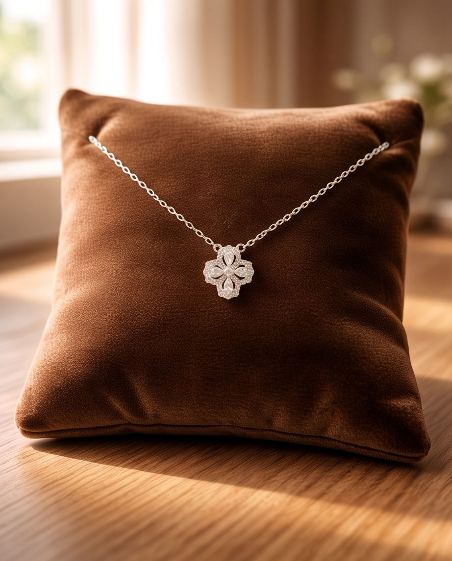 A luxurious s925 sterling silver encklace with a four petals flower pendants with zirconias. 