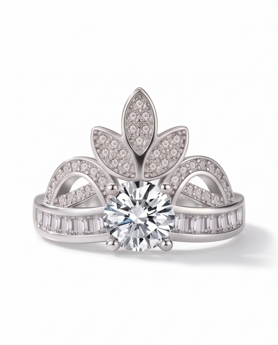 Premium and luxurious S925 sterling silver engagement ring for woman with royal crown design. 