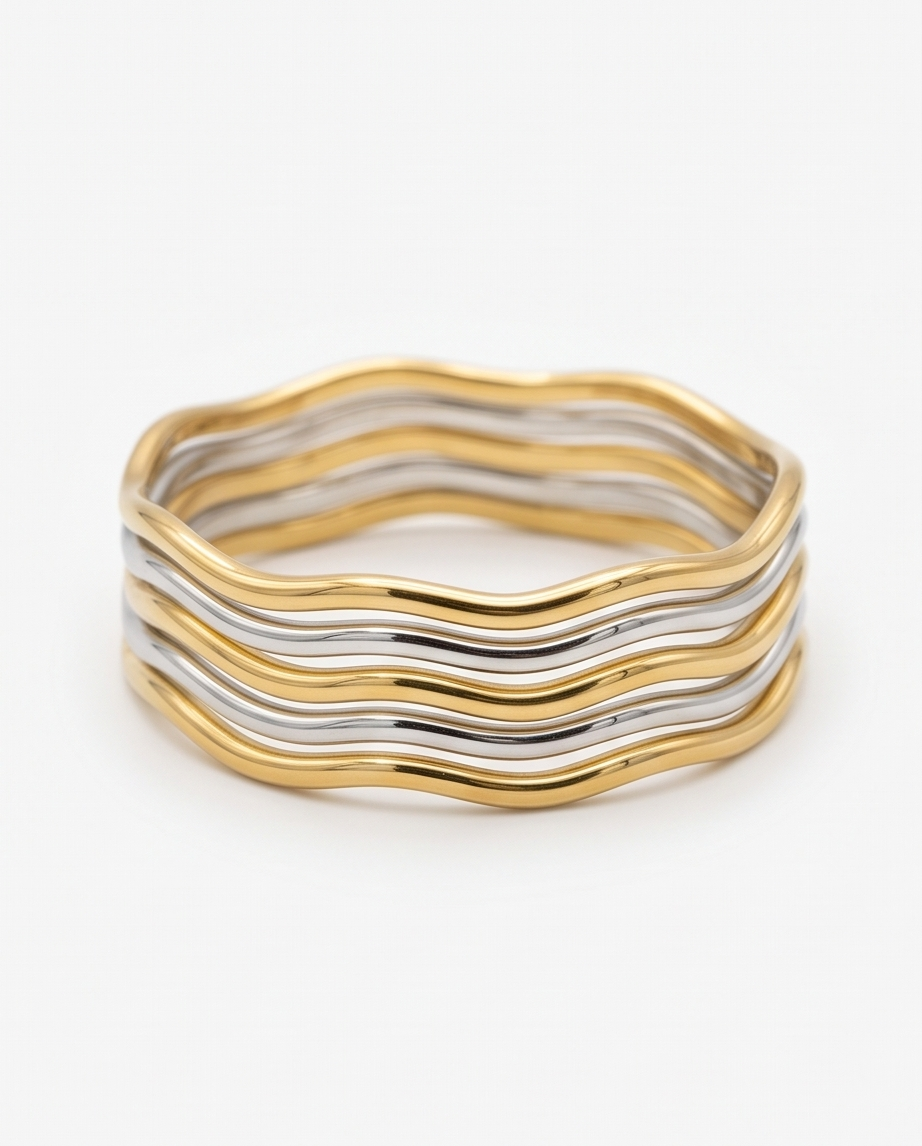 Sculpted Wave Stainless Steel Bangle – Gold & Silver
