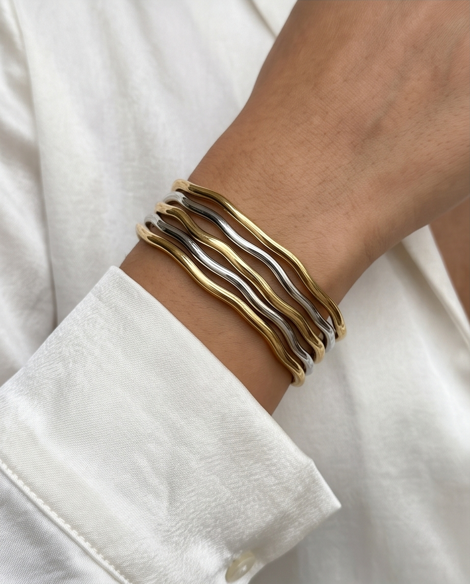 Sculpted Wave Stainless Steel Bangle – Gold & Silver