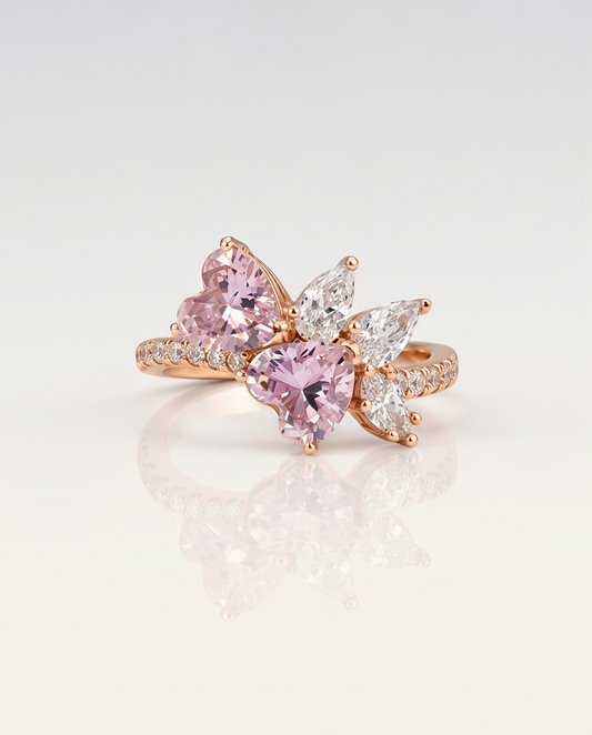 Rose Gold ring on S925 sterling silver with two pink hearts, luxury and premium proposal and promise ring for women 