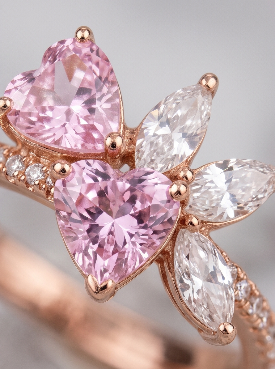 Luxurious Rose Gold ring on S925 sterling silver with two pink hearts for women. 