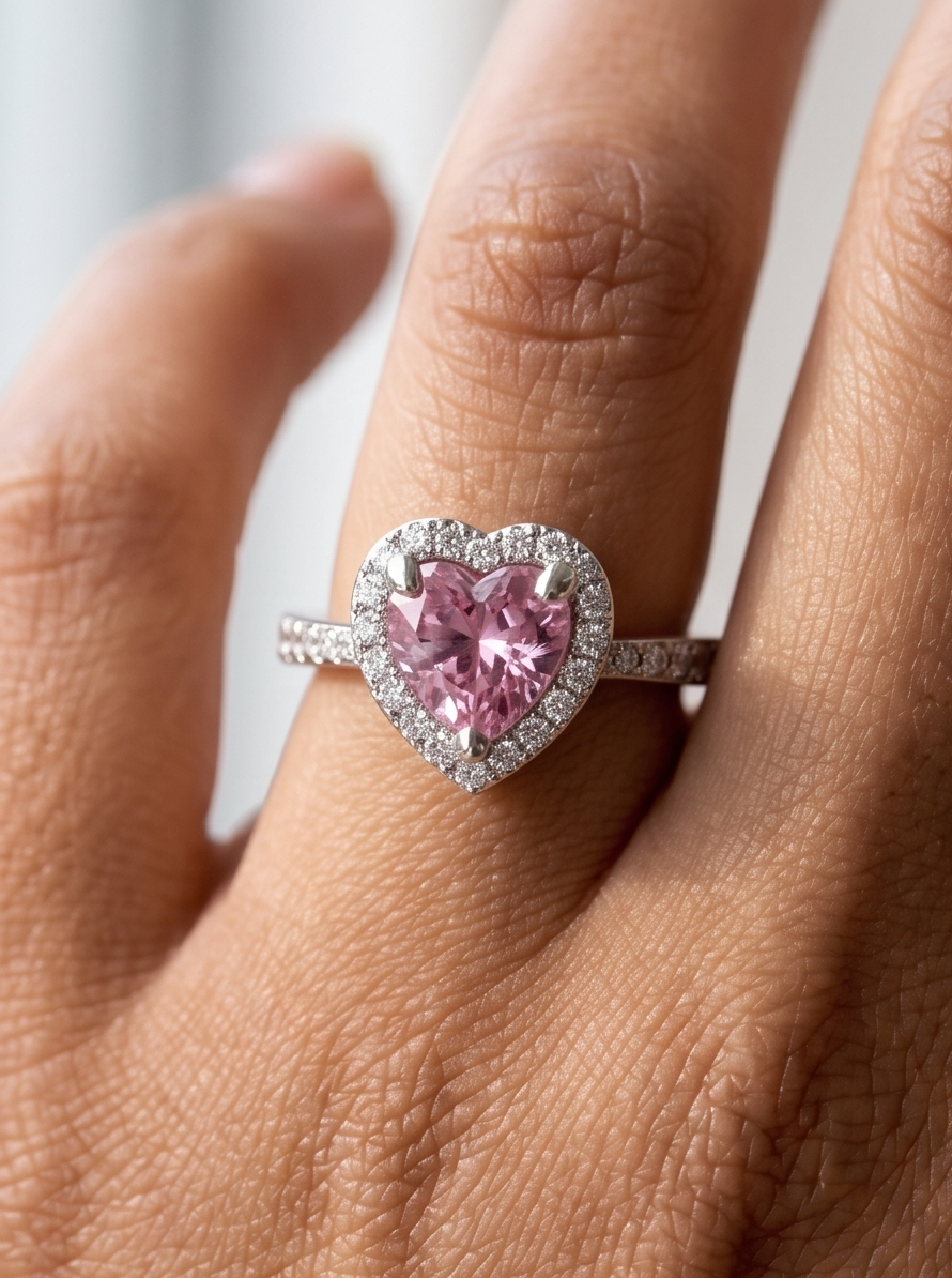 Luxurious S925 sterling silver promise ring for women with a pink heart 