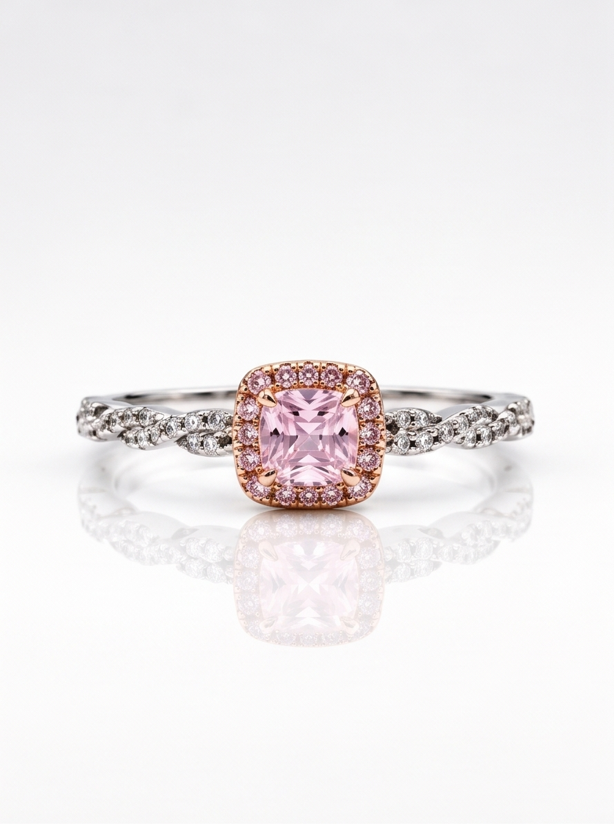 Premium and luxurious sterling silver ring with a princess cut pink stone, engagement and promise ring for ladies.
