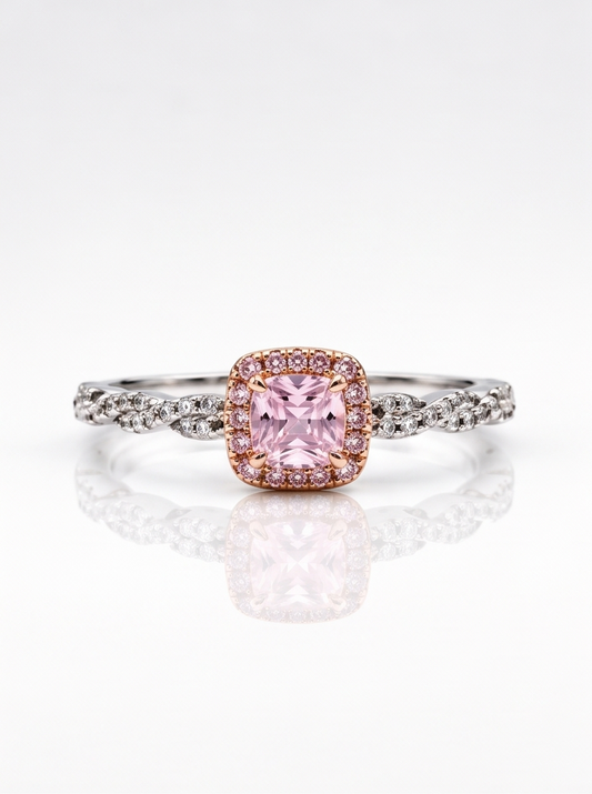 Premium and luxurious sterling silver ring with a princess cut pink stone, engagement and promise ring for ladies.