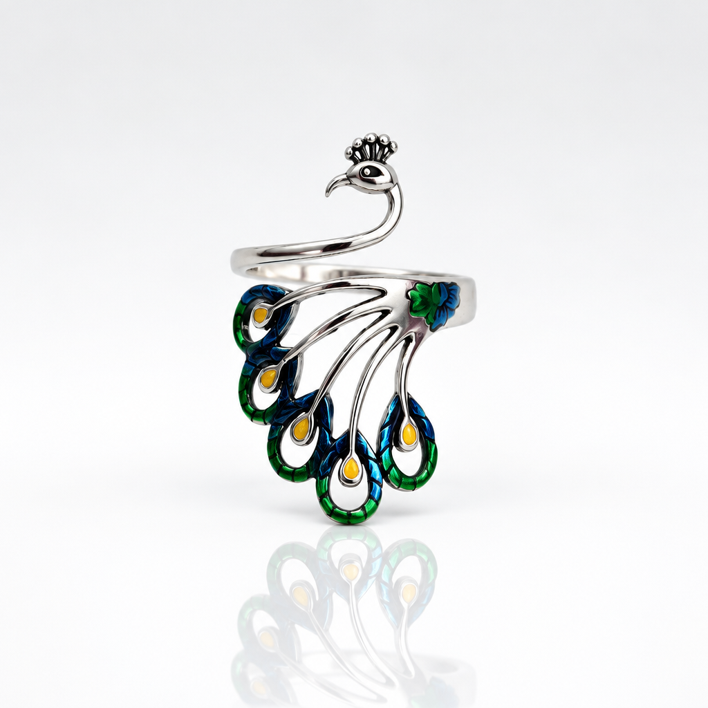 Premium and adjustable S925 sterling silver ring with peacock design for women.