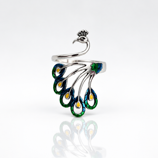 Premium and adjustable S925 sterling silver ring with peacock design for women.